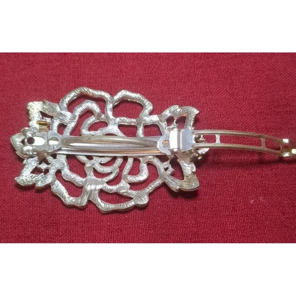 Vntg Style Large‎ Rhinestone Rose Flower Hair Barrette Clip Wedding Formal Prom - Picture 5 of 7